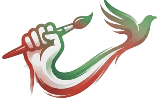 A fist holding a paintbrush whose stroke becomes a dove in the Iranian flag colours